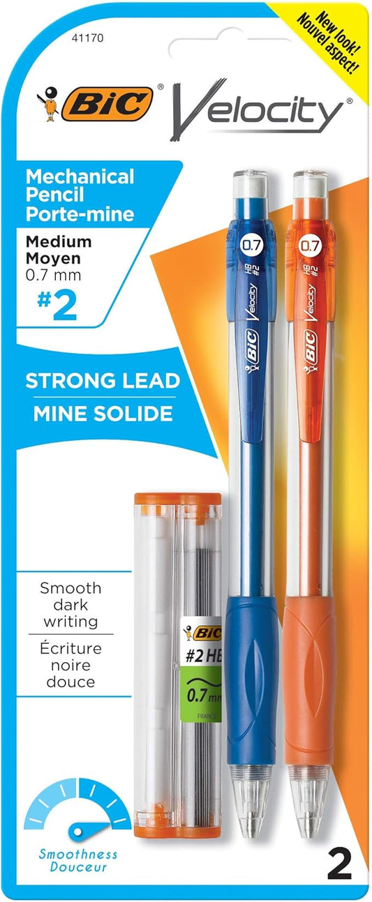BIC Velocity Mechanical Pencils, With Colorful Barrel, Medium Point (0.7mm), 2-Count Pack Mechanical Pencils With Erasers