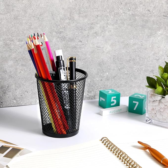 Leelosp 24 Pcs Pen Holder Mesh Pen Cup Bulk Metal Pencil Cup Holder for Desk Black Organizer Round Office Classroom for Back to School Students Kids Adult