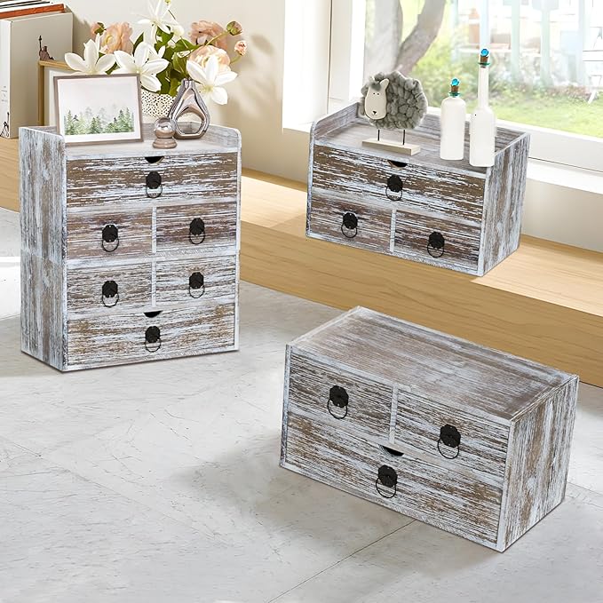 Washed Brown Wood Desk Organizer, Desktop Organizer with Drawers, Mini Tabletop Storage Organization Container for Home Office Supplies, No Assembly Required (3 Drawer)