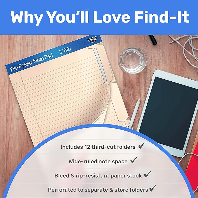 Find It File Folder Notepad - Pack of 12-9.5 x 12.5 Inch Notebook Organizer Folders for Filing, Document, and Clipboard Organization - Cream