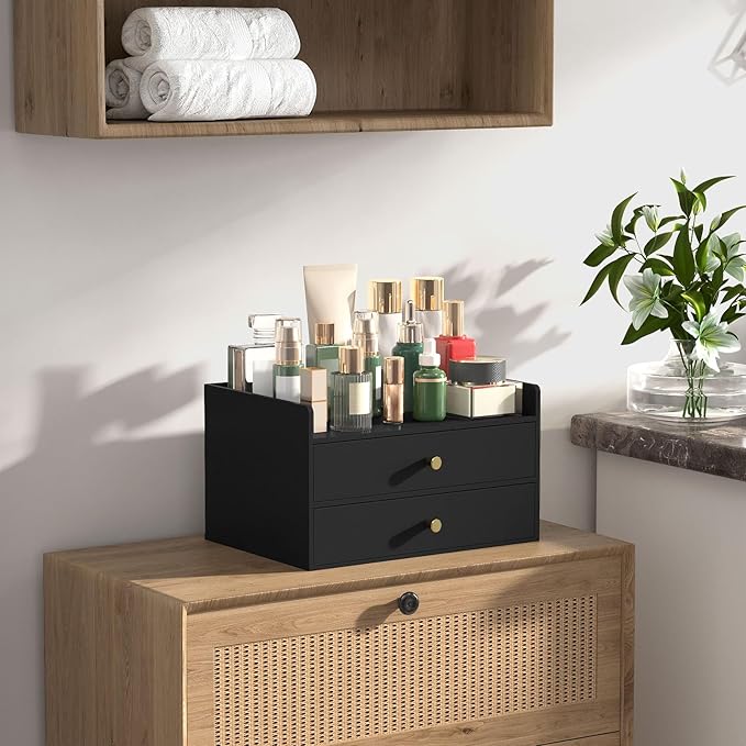 Bamboo Desk Organizer with Drawers Wooden Desktop Storage Organization Box for Bills Office Supplies Kitchen Utensils Organizing Tool for Home Classroom Vanity, No Assembly Required (2 Drawers, Black)