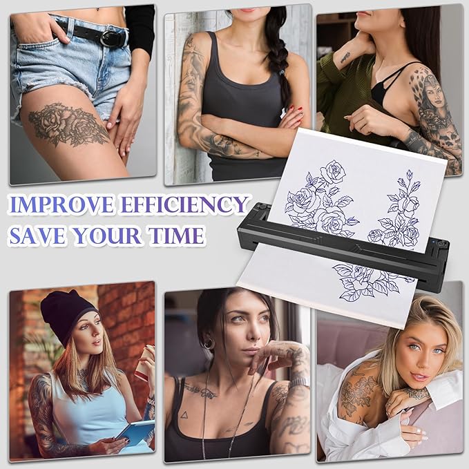 Wireless Tattoo Stencil Printer, Portable Bluetooth Thermal Tattoo Printer with App Custom-Size≤ A4, Print Realistic Portraits, 10 Transfer Papers Included, Works for Phone/Tablet/PC - Black