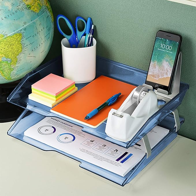 Acrimet Facility 2 Tier Letter Tray, Side Load, Letter Size/A4, Desktop File Organizer, Plastic (Clear Blue Color)