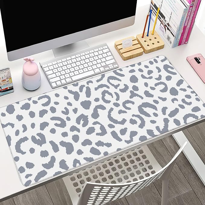 Desk Pad, Abstract Grey Leopard Prints Extended Large Gaming Mouse Pad for Desk XXL, Large Desk Mat for Desktop with Non-Slip Rubber Base Stitched Edges for Computer Keyboard Home Office 35.4"X15.7"
