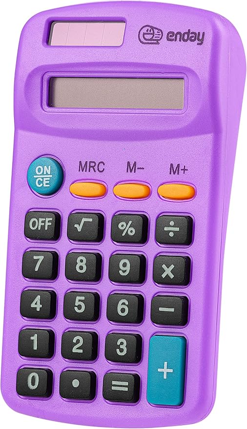Calculator Purple, Basic Small Solar and Battery Operated, Large Display Four Function, Auto Powered Handheld Calculator School and Kids Available in Green, Red, Blue, Grey, Pink, 1 PK – by Enday
