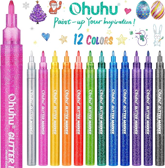 Ohuhu Glitter Markers Pen: 12 Glitter Colors Metallic Shimmer Marker Fine Tip Water-based Ink for Kids Adults DIY Crafts Greeting Birthday Cards Making Mugs Wood