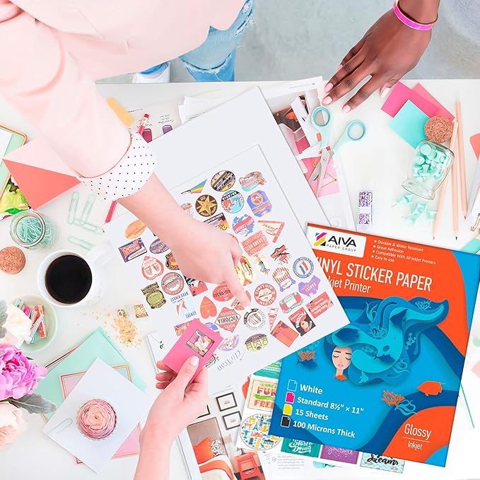 Printable Vinyl Sticker Paper - Waterproof Decal Paper for Inkjet Printer - 30 Self-Adhesive Sheets - Glossy White - Standard Letter Size 8.5"x11"