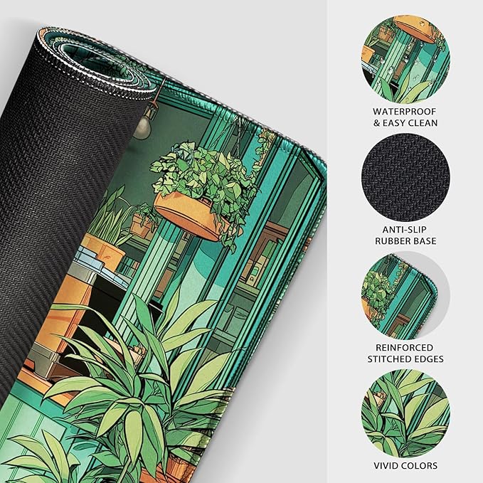 Japanese Coffee Shop Large Gaming Mouse Pad 31.5"x15.7"｜ Green Plant XXL Desk Mat, Non-Slip Rubber Base & Stitched Edges - Extended Waterproof Mousepad for PC/Laptop/Office/Home Decor