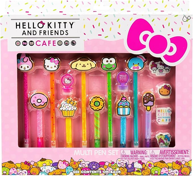 Hello Kitty & Friends Café Multi-Pen Set, 10 Hello Kitty Pens For Kawaii Notebook, Stamps, Erasers & More Sanrio Stationery, Fun Office Supplies, Cute School Supplies, Hello Kitty Merch