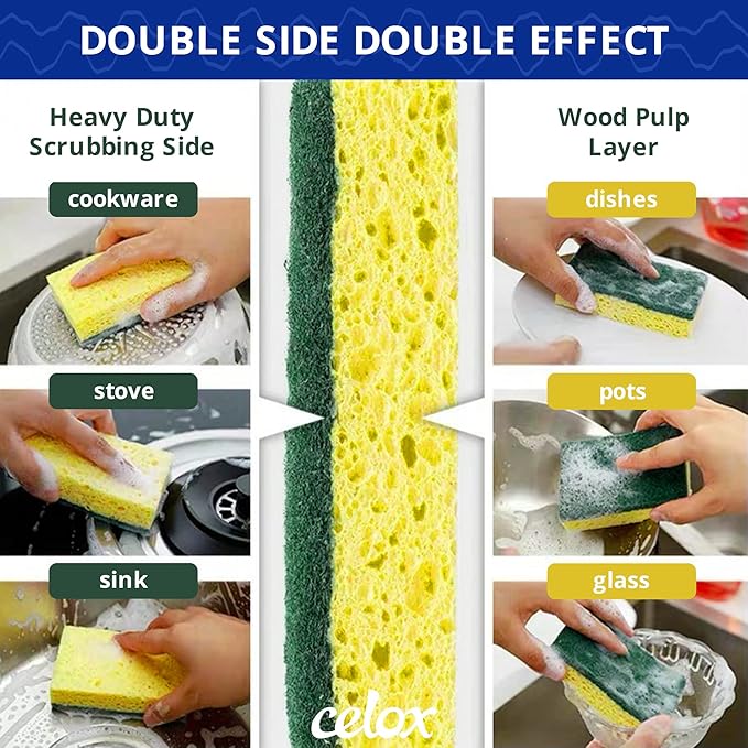 CELOX 12 Pack Dish Sponge for Kitchen, Dual Sided Scrub Heavy Duty, Non Scratch Sponges Perfect for Dishwashing and Household Cleaning, Highly Absorbent and Easy to Dry for Reuse