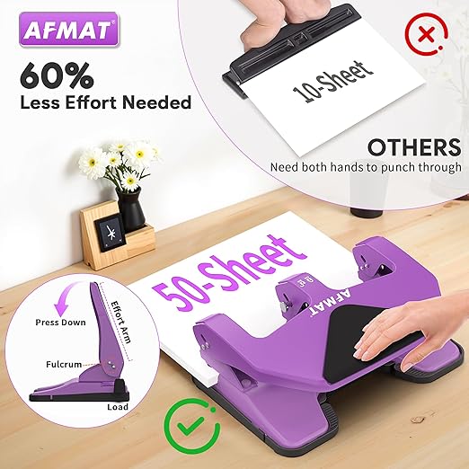 AFMAT HP20 Heavy Duty 3 Hole Punch, 50-Sheet Capacity, 60% Reduced Effort Three Hole Puncher for Binder, 10K+ Uses, Large Chip Tray, Adjustable Paper Guide, Office Metal Paper Puncher 3 Ring, Purple