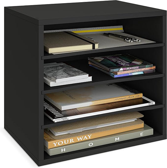 Ballucci 4-Tier Paper Organizer for Desk, Stackable Tray, Desk Storage Organizer Shelves, Stacking Letter Paper Tray Sorter for Classroom Office, Black