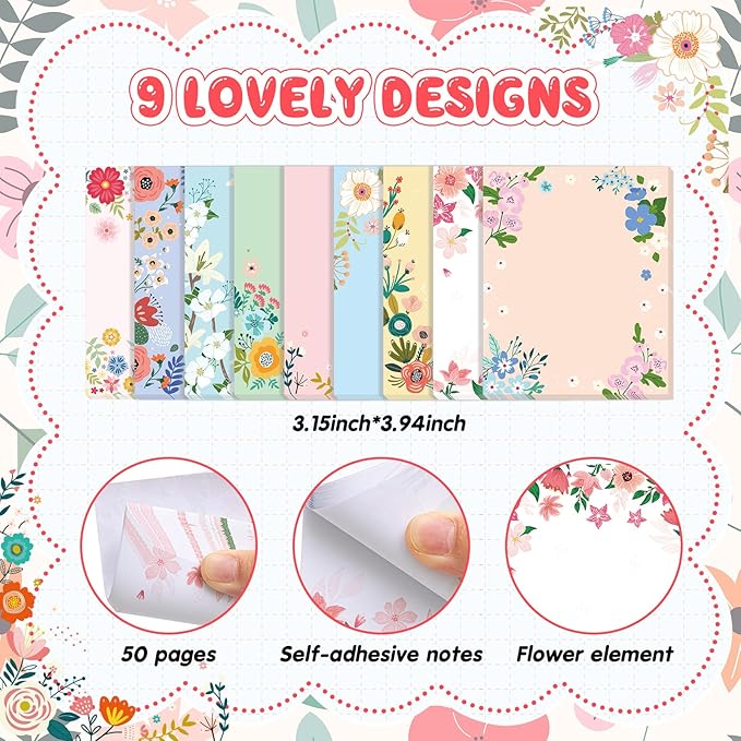 Sabary 9 Pads Cute Sticky Notes Animal Sticky Note Pads 3.15 x 3.94 Inches Colored Adhesive Memo Reminder Decor for Journal School Office Gifts(Flower)