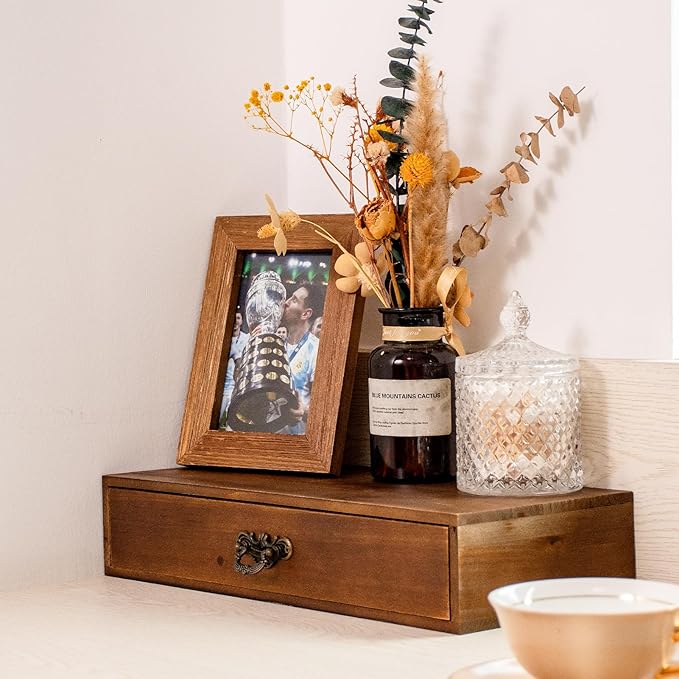 Office Desk Organizer with Drawers Light Brown Vintage Wood Desktop Storage Box Workspace School Supplies Farmhouse Kitchen Countertop Organizer Makeup Storage Box for Home Toiletries Supplies Vanity