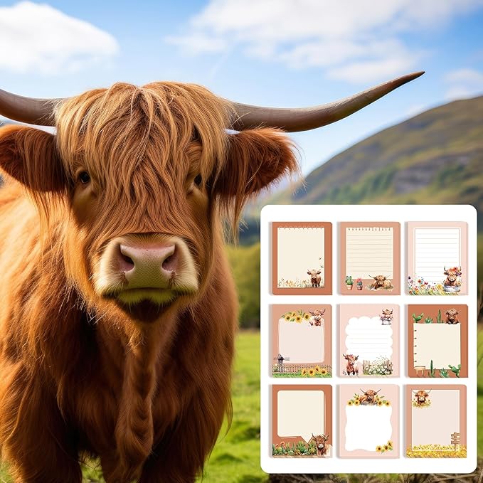 Sabary 9 Pads Cute Sticky Notes Animal Sticky Note Pads 3.15 x 3.94 Inches Colored Adhesive Memo Reminder Decor for Journal School Office Gifts(Highland Cattle)