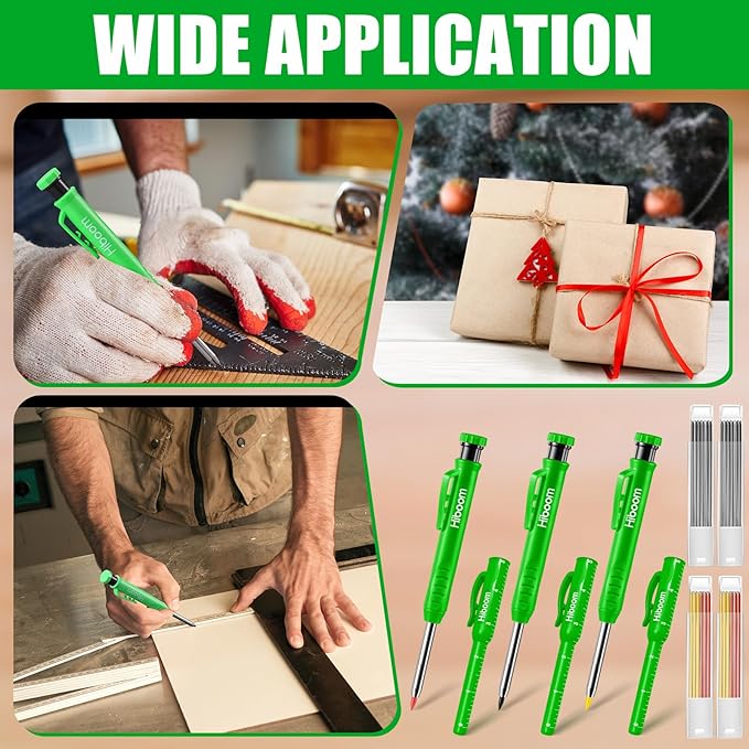 Hiboom 6 Pack Solid Carpenter Pencils Mechanical Construction Pencils with 72 Pcs 2.8 mm Lead Refills Pencil Cap Built In Sharpener Woodworking Marking Tools for Architect Long Nosed Deep Hole Scribe