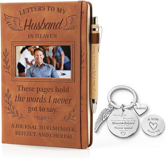 Memorial Gifts for Loss of Husband, Letters to My Husband in Heaven Grief Journal with Photo Frame, Wood Pen & Angel Keychain, Bereavement Gift for Grieving Wife