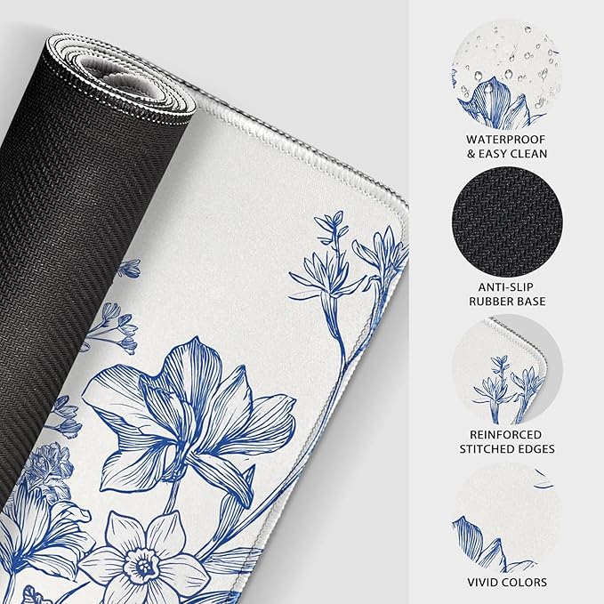 Narcissus Blue Floral Large Gaming Mouse Pad 31.5"x15.7"｜ Flower XXL Desk Mat, Non-Slip Rubber Base & Stitched Edges - Extended Waterproof Mousepad for PC/Laptop/Office/Home Decor