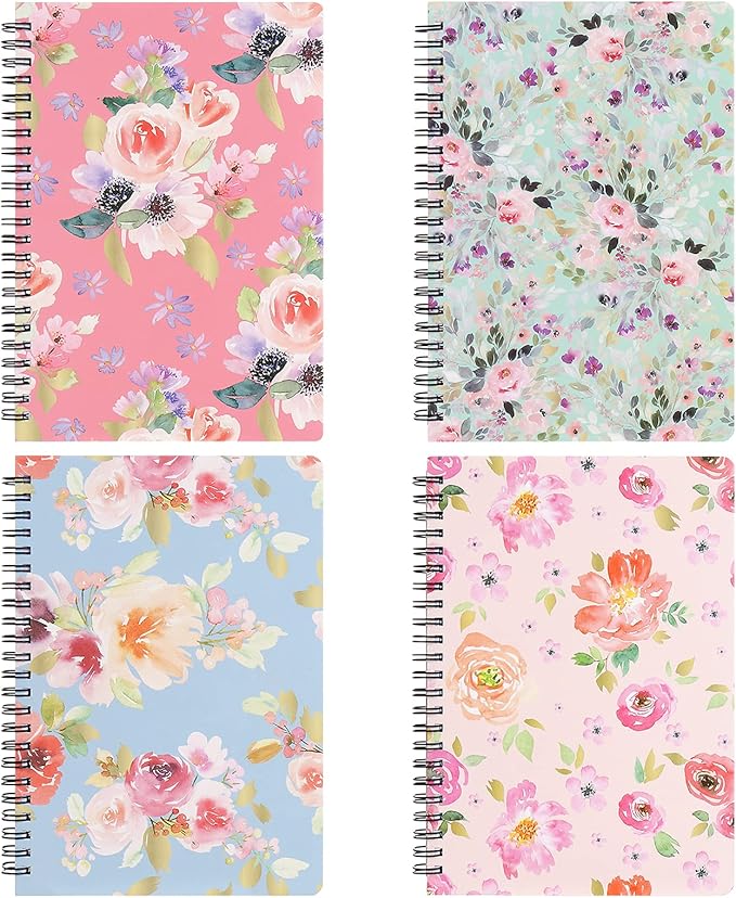 Spiral Notebook 5×7 Inch, 4 Pack Small Writing Journals College Ruled Hardcover Floral Notebook for School Supplies Studio Girls Women, Inner Pocket, 80 Sheets/160 Pages, B6 Size