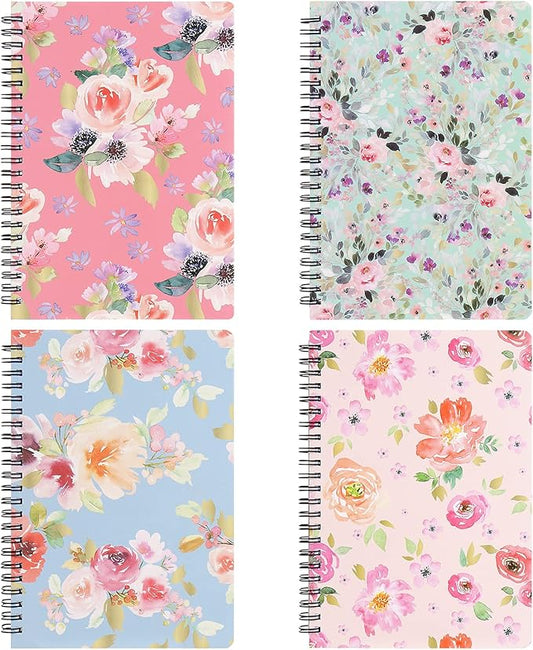 Spiral Notebook 5×7 Inch, 4 Pack Small Writing Journals College Ruled Hardcover Floral Notebook for School Supplies Studio Girls Women, Inner Pocket, 80 Sheets/160 Pages, B6 Size