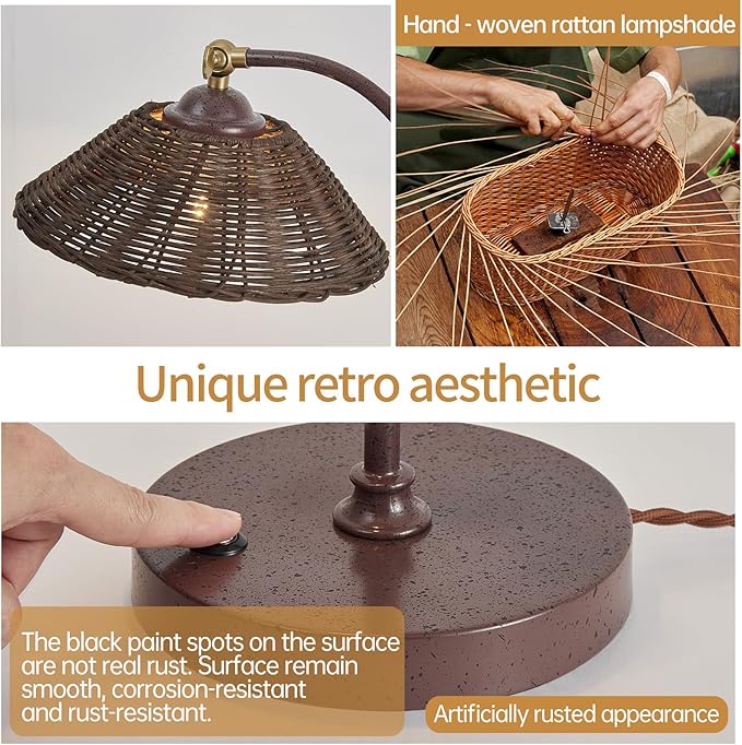 Woven Rattan Bedside Table Lamp for Bedroom, Boho Plug in Handmade Rattan Shade & Anti-Rust Iron Base Desk Lamp, Plug & Play Vintage Dark Brown Nightstand Lamp for Living Room, Office 【Bulb Included】