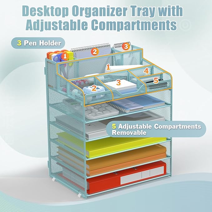 Docnest 6 Tier Mesh Desk Organizer for Paper Office Supplies – Multi-Functional Letter Tray with 5 Adjustable Compartments, 3 Pen Holders, Desktop Storage for Files, Mail, Stationery – Blue