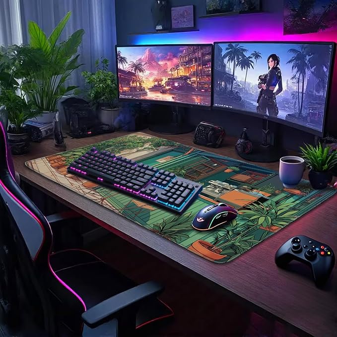 Japanese Coffee Shop Large Gaming Mouse Pad 31.5"x15.7"｜ Green Plant XXL Desk Mat, Non-Slip Rubber Base & Stitched Edges - Extended Waterproof Mousepad for PC/Laptop/Office/Home Decor