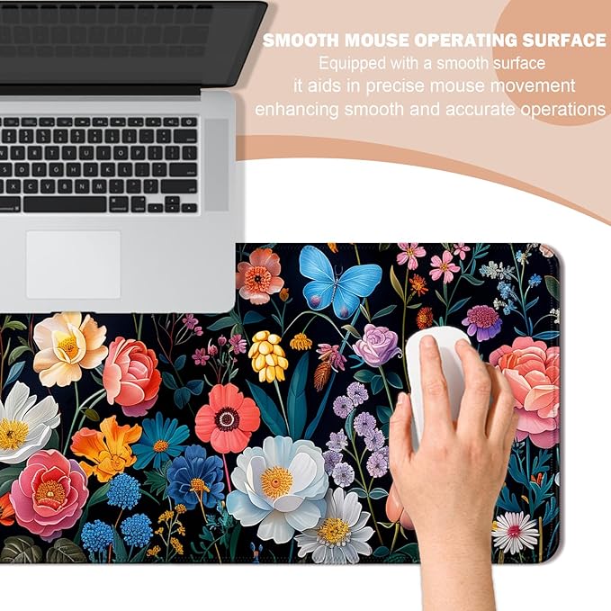 Butterfly Flowers Gaming Mouse Pad, Extended Large Floral Plant Desk Mat, Computer Keyboard Laptop Mousepad for Work, Office and Home, XL