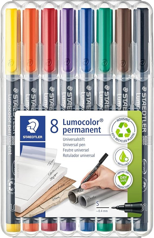 STAEDTLER Lumocolor Universal Pen, Felt Tip, Permanent Marker, Box of 8 Assorted Color Pens, 0.4mm 313 WP8