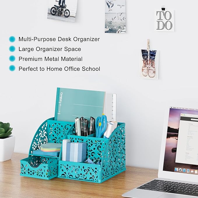 EasyPAG Desk Organizer with Sliding Drawer - 6 Compartments Metal Desktop Caddy, Decorative Elegant Hollow Flower Design, Anti-Scratch Pads for Home, Office, School, Dark Teal