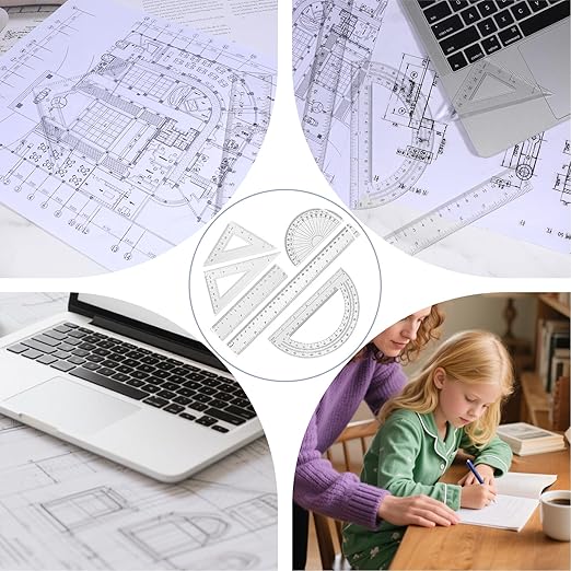 6 PCS Clear School Rulers Set, 2 Straight Rulers 12|6", 2 Protractors 180 Degree, 2 Triangle Ruler 45 | 60 Degree, Geometry Math Ruler Measuring Tool for School Office Home