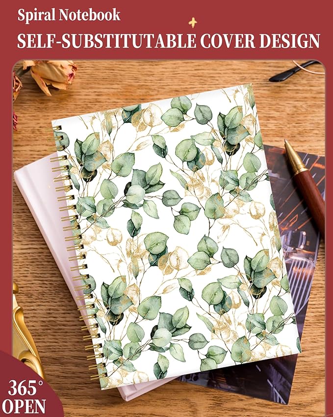 Spiral Journal Notebook for Women,A5 College Ruled Notebooks 6"x 8.4",Gold Eucalyptus Branches 120 Pages Lined Journal with Premium Thick Paper,Perfect for School Office Home Gifts(Watercolor Tropical