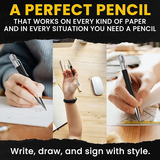 BASTION® Luxury Mechanical Pencil, Professional Medium Point Pencil for Birthday Gift includes 20 x 0.77mm Lead Refills - Carbon Fiber Stainless Steel