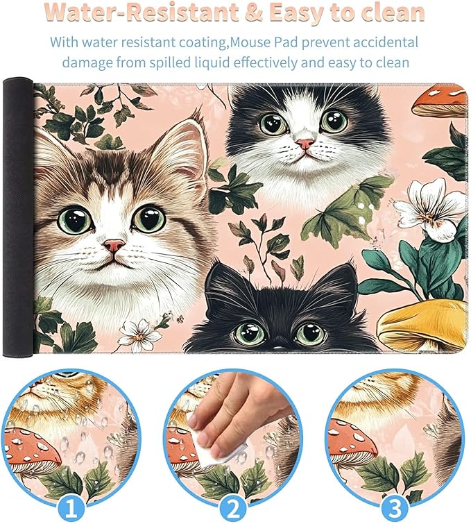 Desk Mat Large Gaming Mouse Pad (31.5x11.8 inch) with Stitched Edges, XL Mouse Pad +Coaster, Extended Mouse Mat Keybroad Mousepad Non-Slip Rubber for Gamer Men Women, Cute Cats