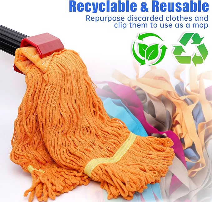 Heavy Duty Commercial Mop with 77inch Long Handle, Looped-End String Wet Mop with 12 Mop Heads for Home, Garage, Office Floor Cleaning (Orange-Blue)