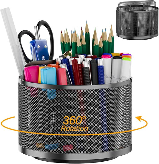 LUCYCAZ 360 Rotating Metal Pencil Pen Holder for Desk, Rotating Pencil Cup with 5 Slots, Dual-Purpose Desk Pen Organizer for Office, School, Home (Round)
