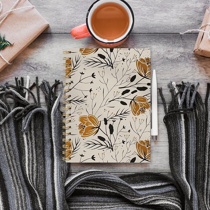 Boho Floral Botanical Journal Notebooks, Gold and Black Flower College Ruled Notebooks for Note Taking, Wildflower Journal Journaling, Spiral Notebook 5.5x8.3