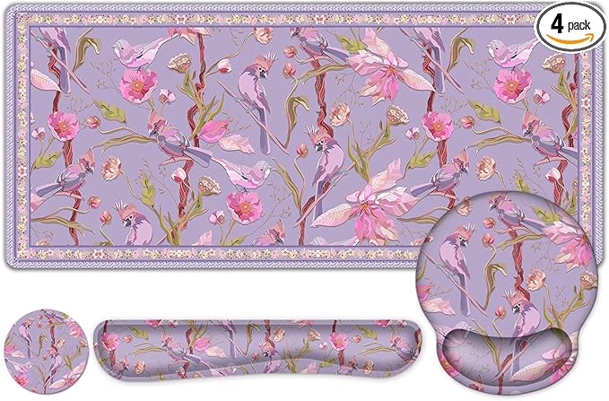 Flower Desk Mat, 4in1 Large Mouse Pad with Wrist Rest, Cute Desk Matt for Desktop, Desk Pad Mat, Anti-Slip XXL Computer Ergonomic Mousepad with Wrist Support for Keyboard and Mouse I Purple Bird