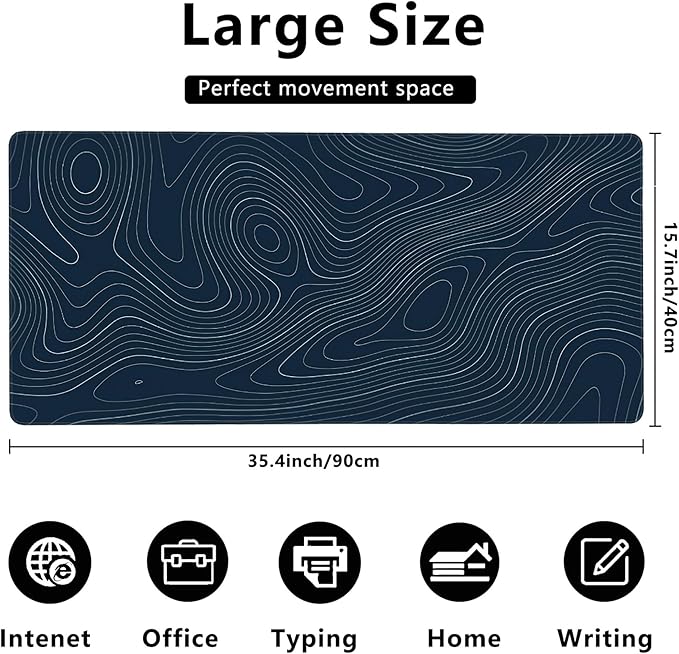 MIOAOSRT Desk Mat,Topographic Map Gaming Mouse Pad,XXL Extended Mouse Pad Mat for Office,Computer,Keyboard with Non-Slip Base Stitched Eges Mousepad 35.4x15.75 inch