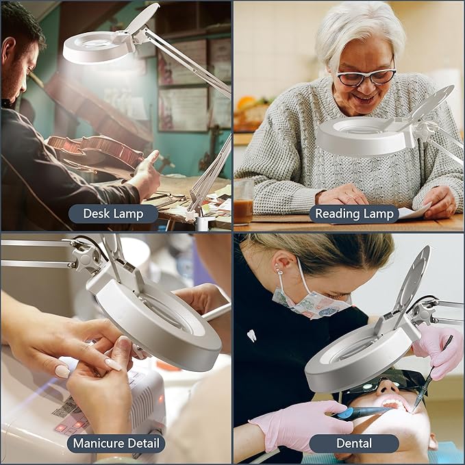 10X Magnifying Glass with Light and Stand,Desk Lamp with Real Glass Magnifier,Adjustable Stainless Steel Bracket Clip on,Lighted Magnifying Glasses for Close Work, Reading, Crafts, Jewelry, Sewing