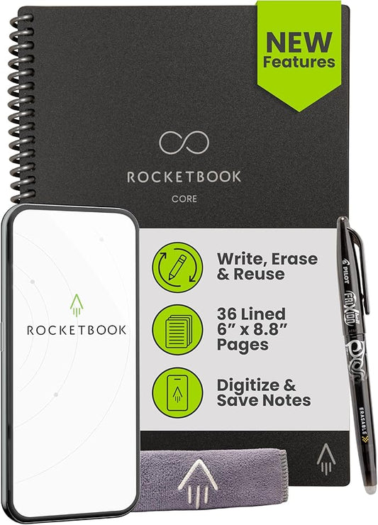 Rocketbook New Core Reusable Spiral Notebook, Executive Size 6x8.8, Black - Lined Pages, App-Connected, Erasable, Durable Cover, Ideal for School, Work, and Creative Projects