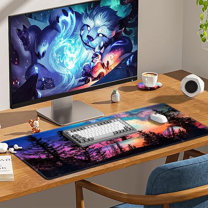 Keyboard Mouse Pad Set, Extended Gaming Mouse Pad +Keyboard Wrist Support +Mouse Wrist Rest +Coaster, 35.4x15.7 in XXL Large Ergonomic Desk Mat 4in1 Set for Home Office, Starry Forest