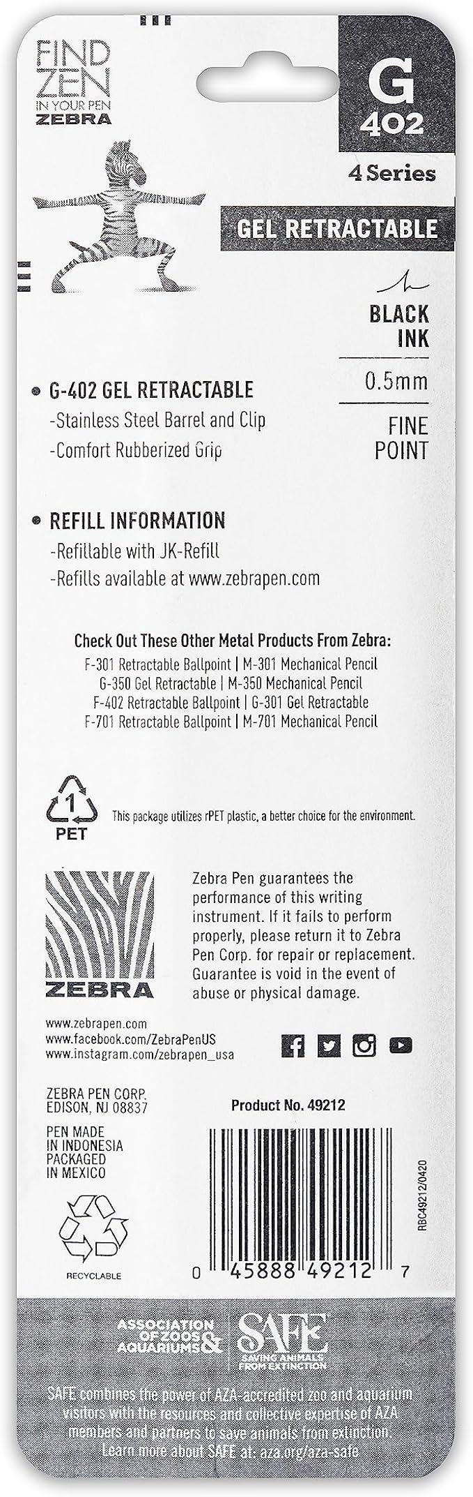Zebra Pen G-402 Gel Pens 2-Pack, Black Ink, 0.5mm Fine Point, Stainless Steel Barrel, Comfortable Rubberized Grip, Secure Metal Clip, Shirt Pocket-Friendly (49212)