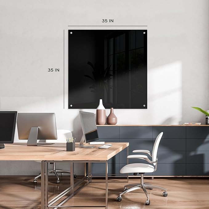 U Brands Glass Dry Erase Board, 36" x 36", 3'x3', Black Surface With Silver Grommets, Frameless, Includes Marker With Eraser