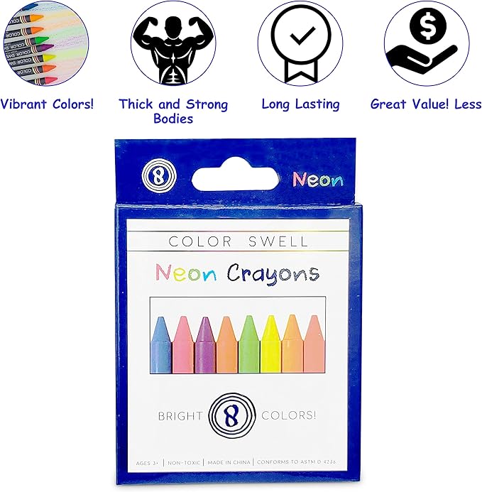 Color Swell Bulk Markers and Bulk Neon Crayons (6 Boxes of Each) - 144 Total Regular Crayons and 48 Total Broad Line Markers