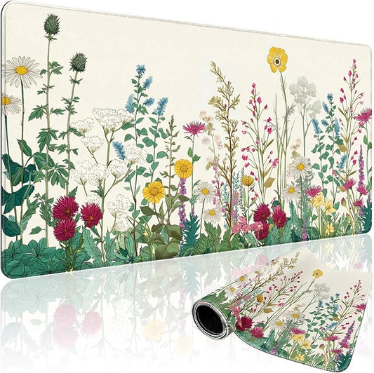 Wildflower Garden Large Gaming Mouse Pad 31.5"x15.7"｜ XXL Desk Mat, Non-Slip Rubber Base & Stitched Edges - Extended Waterproof Mousepad for PC/Laptop/Office/Home Decor