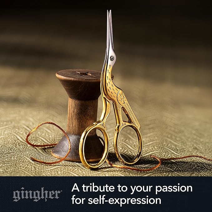 Gingher Stork Embroidery Scissors and Leather Sheath - 3.5" Craft Scissors for Fabric, Thread, and Needlework Yarn Cutting - Gold