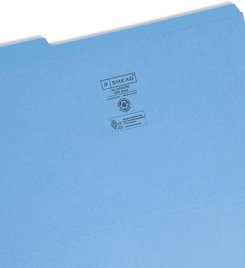Smead File Folder, Reinforced 1/3-Cut Tab, Legal Size, Blue, 100 per Box (17034)