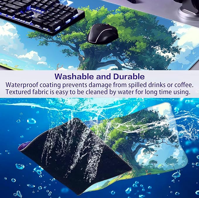 Simple and Cute Anime Landscape Computer Mouse Pad, Large Green Plant Outdoor Landscape Office Desk Pad, 35.4 x 15.7 x 0.12 Inch Sewn Edge Non Slip Rubber Base Mouse Pad