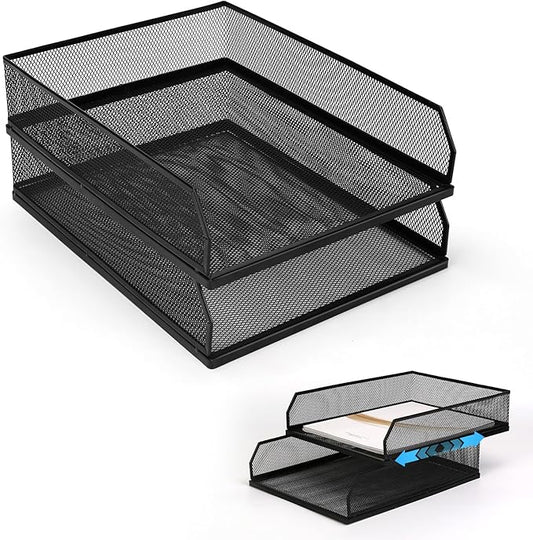 Stackable Paper Tray Organizer for Desk,Metal Mesh Wire Letter Tray, Letter Trays Organizers, Front-Load Paper Holder Storage for Office, School, Home,2 Pcs
